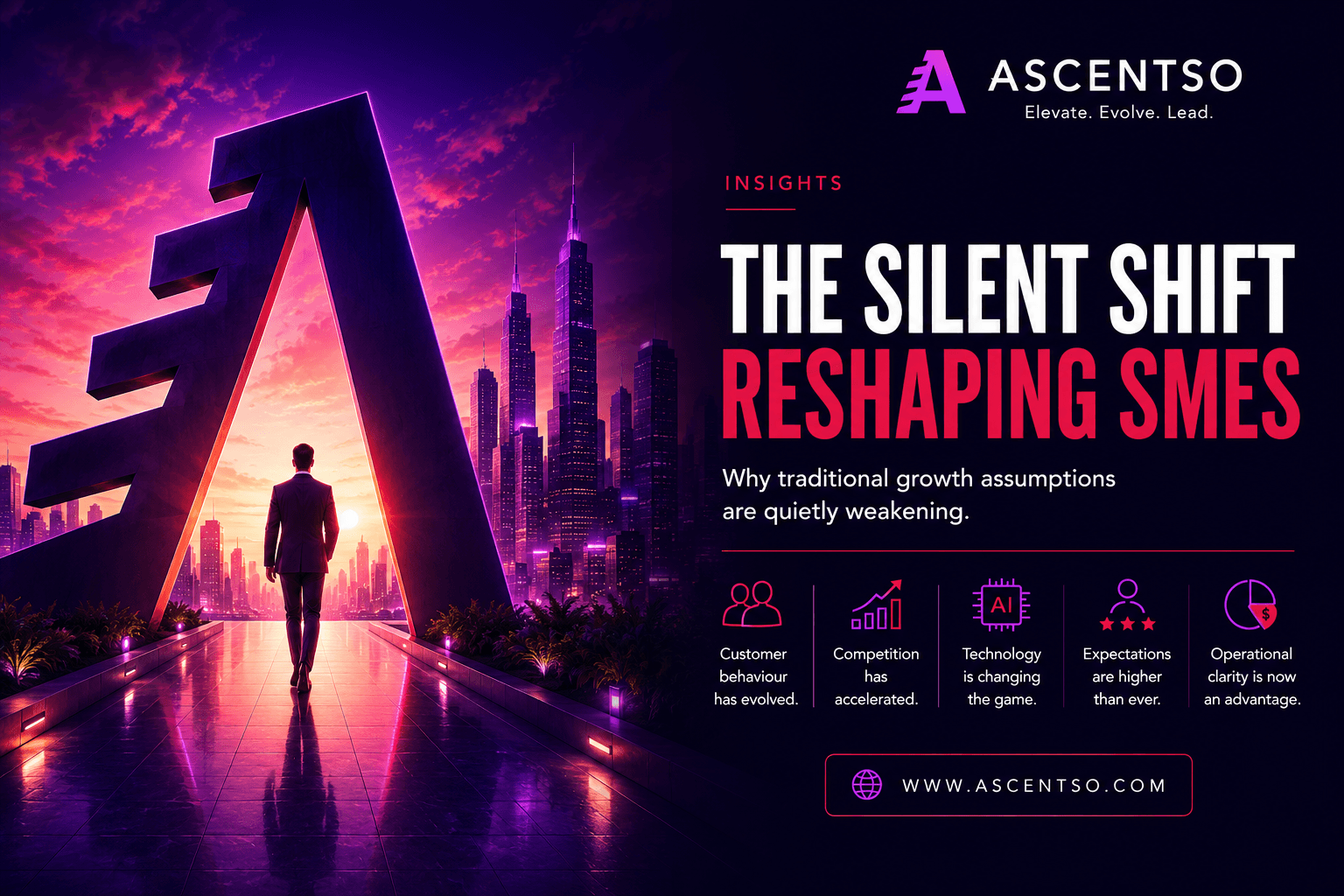 The Silent Shift Reshaping SMEs – Business Evolution Insights by Ascentso, exploring how changing customer behaviour, accelerating competition, AI and operational clarity are reshaping the future of SMEs.