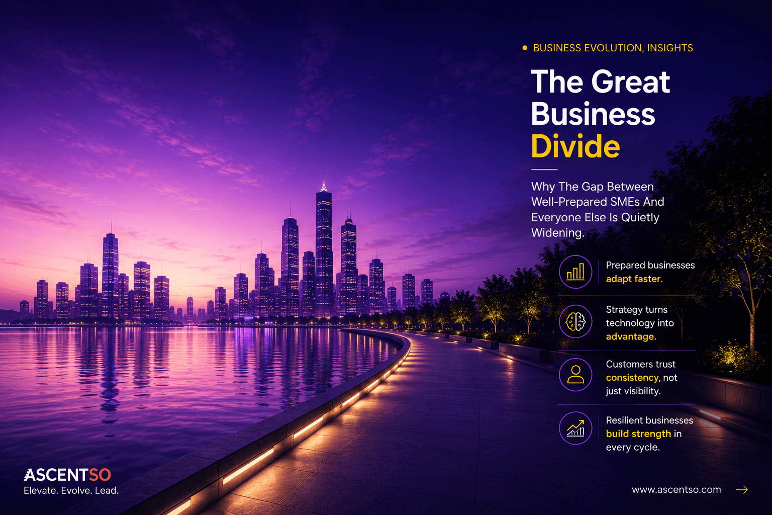 The Great Business Divide – Business Evolution Insights by Ascentso, illustrating how business readiness, strategic clarity and technology adoption are widening the gap between well-prepared SMEs and their competitors.